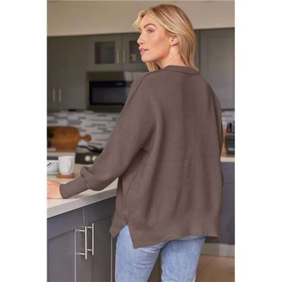 Women's Oversized Batwing Sweater – Crewneck Ribbed Knit with Side Slit - Picture 2 of 8